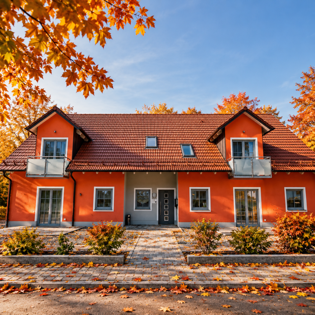 Modernes Haus im goldenen Herbstlicht
